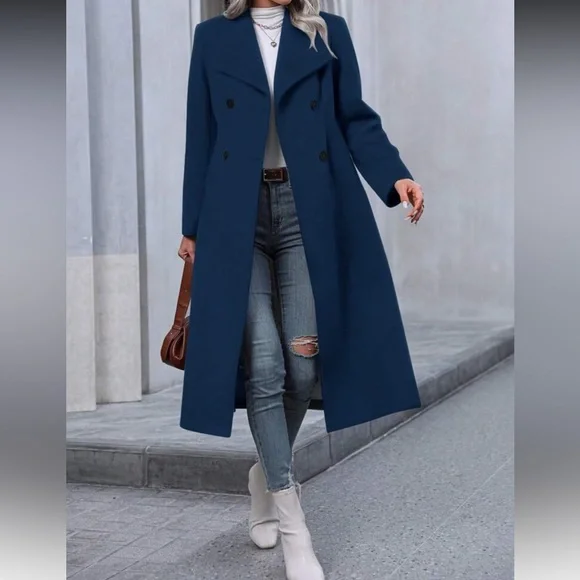 Elegant Blue Double-Breasted Women's Coat